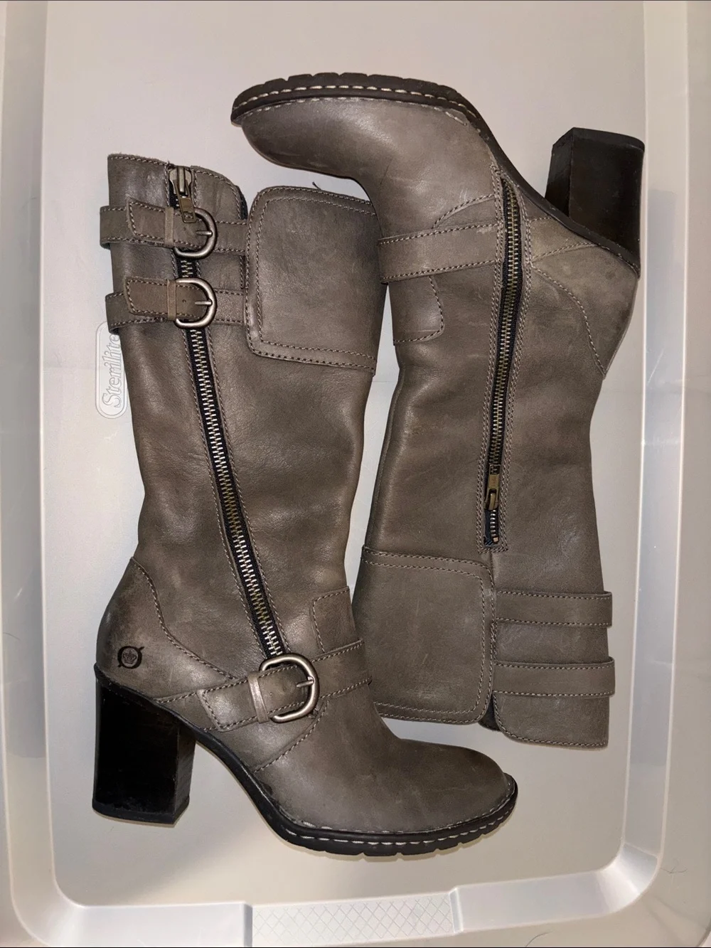 Born Gray Mid-Calf Heeled Buckle Zip Boots - Picture 2 of 6